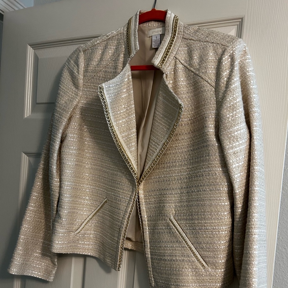 Chico's Ivory Metallic-Trim Open-Front Jacket